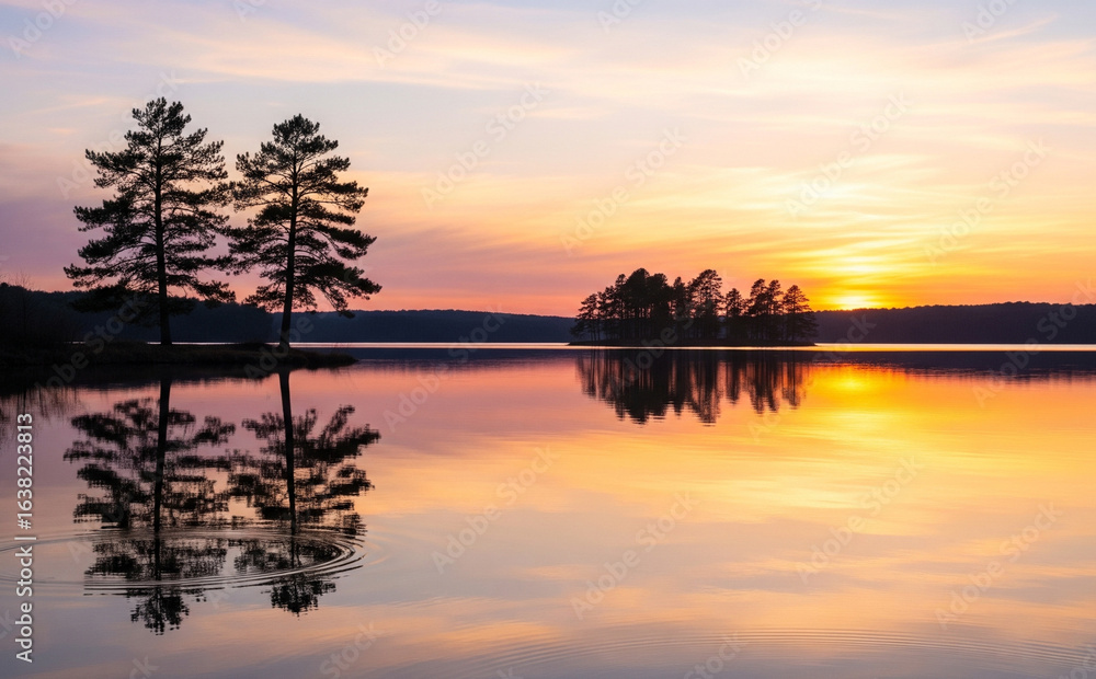 Obraz premium Calm Lake At Sunset With Silhouette Of Pine Trees Reflecting On Water