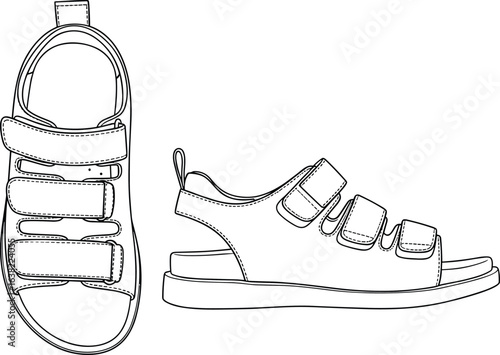 Line drawing of Velcro strap sandal, top and side view, footwear design sketch, fashion illustration, shoe blueprint, retail concept