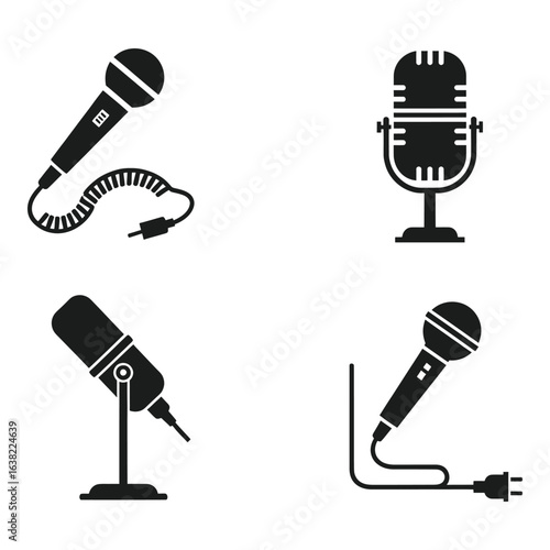 Collection of Microphone Icons in Black and White Featuring Vintage and Modern Designs for Sound Recording and Communication