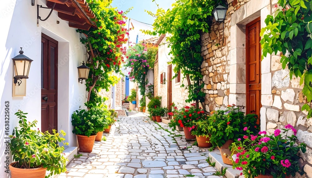 Naklejka premium Narrow cobblestone alleyway with brick walls and lush plants creating charming historic urban scene with cosy atmosphere.