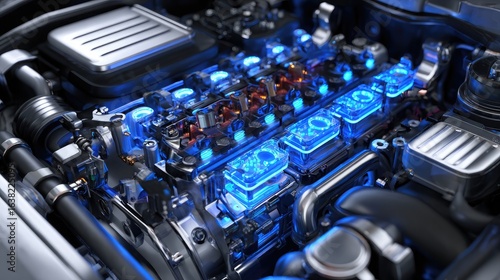 Close-up of car engine with high-tech components and electronic control modules