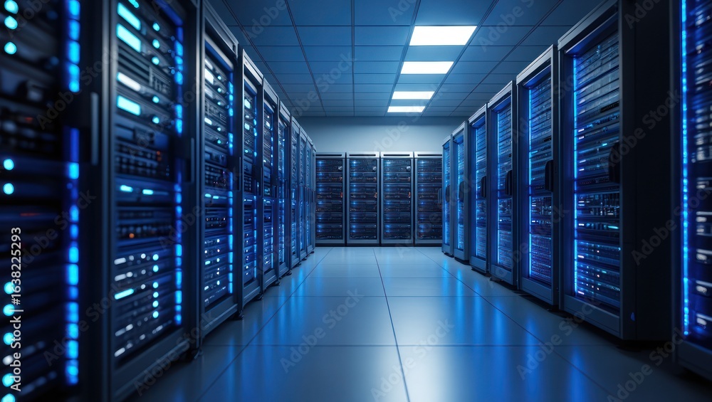 Fototapeta premium Futuristic data center with glowing blue servers and cool lighting