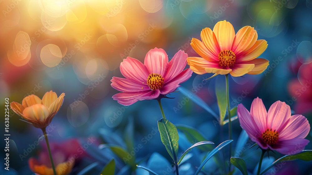 Vibrant cosmos flowers in a garden at sunset.  Colorful blossoms in shades of pink and orange, highlighted by warm sunlight.