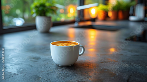 Aromatic coffee cup on a modern kitchen countertop, bathed in warm light.