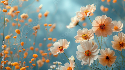 Delicate pastel cosmos flowers in soft sunlight against a teal-toned sky.
