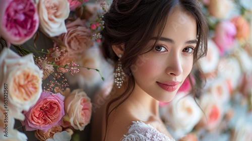 Beautiful bride with delicate makeup and floral backdrop.