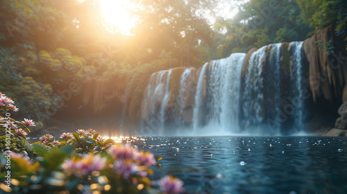 Stunning waterfall cascading into a tranquil pool surrounded by lush greenery and vibrant pink flowers under a golden sunrise.