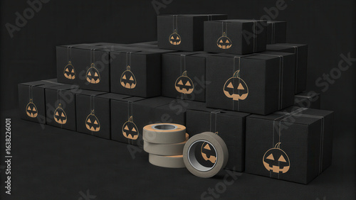 Black boxes with pumpkin designs stacked for Halloween, accompanied by rolls of tape, create festive atmosphere for shipping
