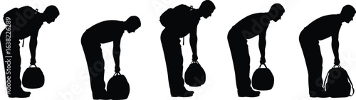 Silhouettes of person lifting heavy bag in five stages, proper posture, bending, backpack, ergonomic movement, safety, black illustration
