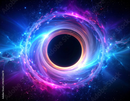 A vibrant depiction of a black hole, showcasing cosmic energy and swirling colors.