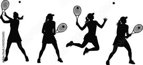 Silhouettes of tennis players in dynamic action poses, hitting ball, jumping, swinging racket, sports movement, athletic energy, black illustration