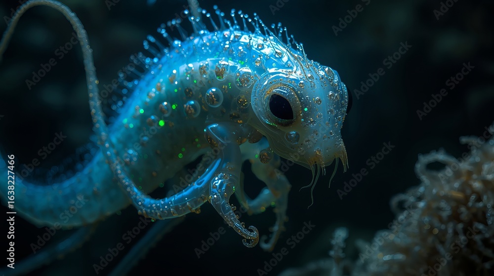 High-quality image of bioluminescent deep sea creature with glowing tentacles and spiky dorsal fin High-quality image of bioluminescent deep sea creature with glowing tentacles and spiky dorsal fin