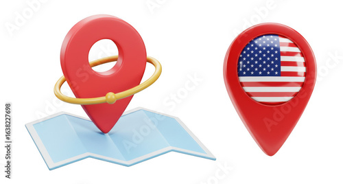 Red map pin with usa flag and another pin on folded map isolated on transparent background Free Download Red map pin with usa flag and another pin on folded map isolated on transparent background - GFXLoad
