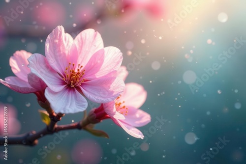 Shimmering pastel blossoms, iridescent dew drops, close-up, iridescent, holographic