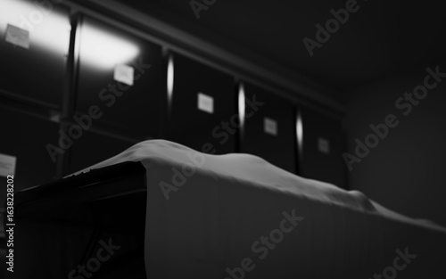 Billede på lærred A deceased person lying on a table in a morgue, covered with a white sheet