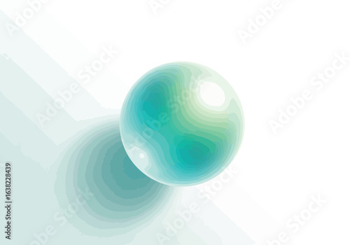 Vector illustration of abstract sphere with a glowing gradient of blue and green, casting a soft shadow on a white background