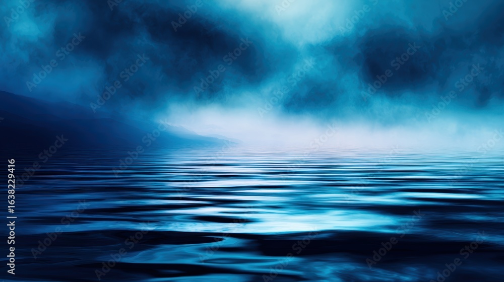 Obraz premium Serene blue waters reflecting a misty sky at dawn, creating a tranquil atmosphere in nature