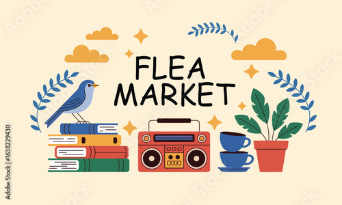 Charming "Flea Market" illustration with a vintage radio, a stack of books with a bird, a potted plant, and coffee cups, surrounded by decorative laurels.

