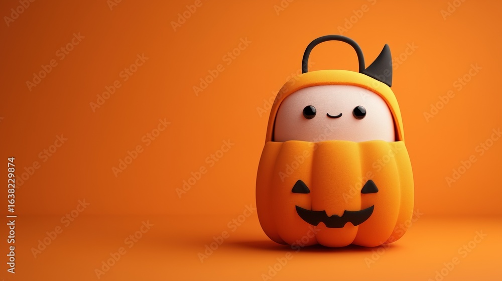 Fototapeta premium Cute pumpkin-costume character on orange background