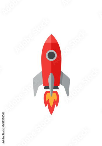 A vibrant red rocket ship with grey wings and a fiery exhaust, ready for launch on a white background.