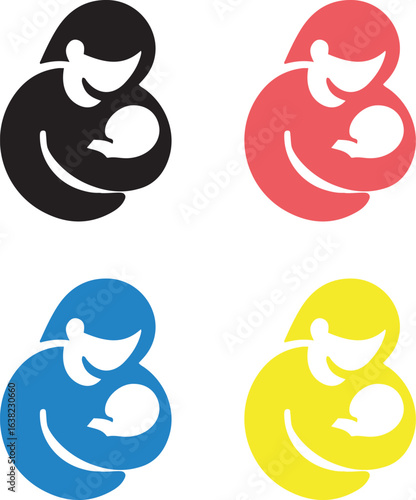 Mother and Baby Icon Color Silhouettes for Parent Childcare and Family Designs