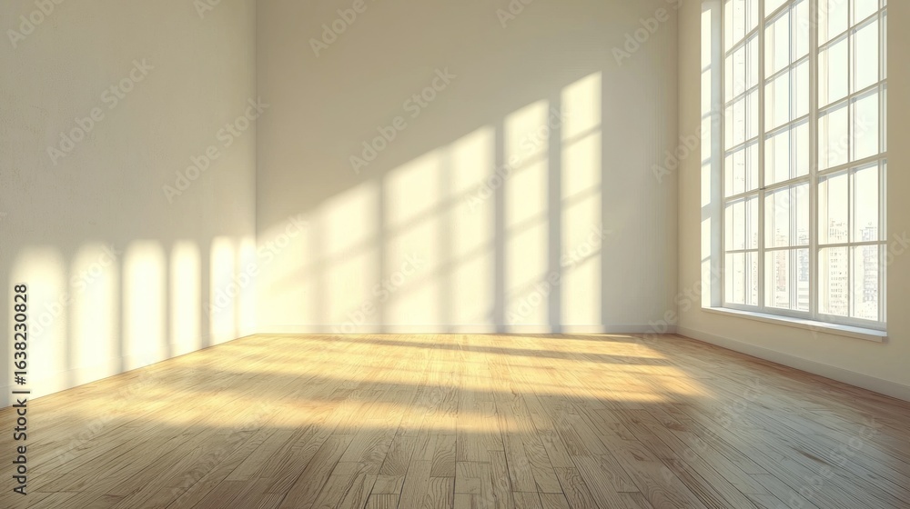 A spacious, empty room with a wooden floor and a large window, illuminated by natural light. A spacious, empty room with a wooden floor and a large window, illuminated by natural light.
