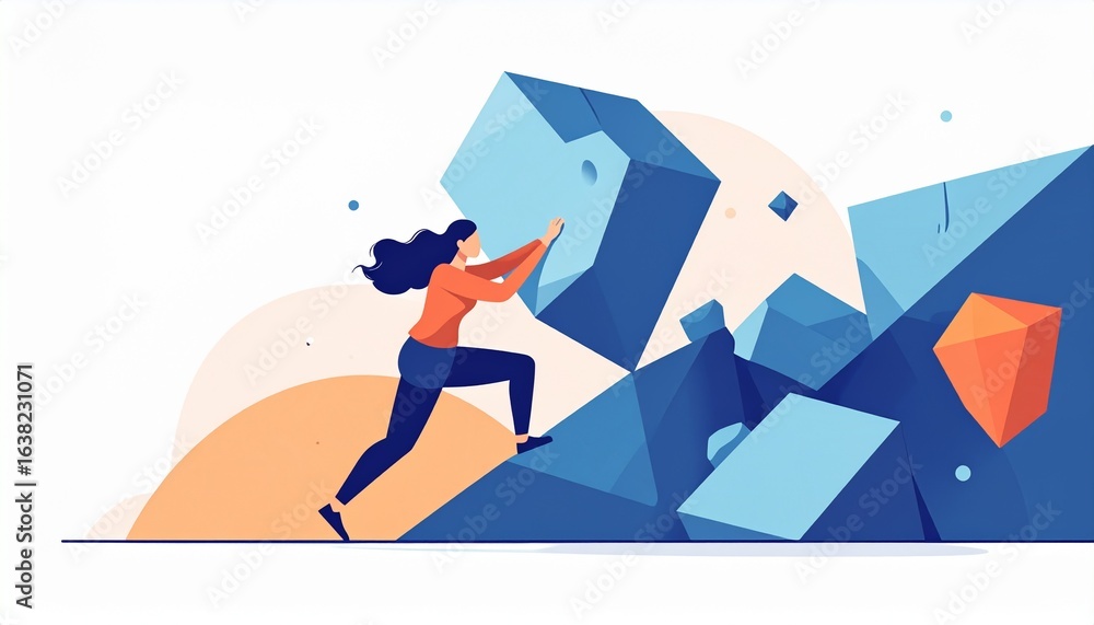 Fototapeta premium Woman Pushing Large Geometric Rock