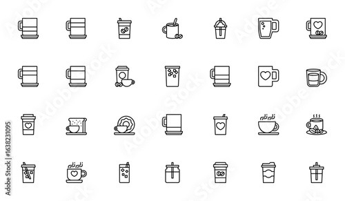 Coffee icon set. Minimal vector icons pack. Includes coffee cup, mug, iced coffee, hot drink, cold drink, donut, breakfast, take away and more. Editable stroke.