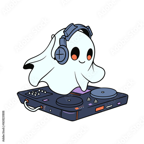 A spooky dj ghost with headphones mixing music on a console, perfect for Halloween party invitations and fun, whimsical designs.