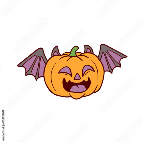 A cute Halloween pumpkin with bat wings smiles happily, ideal for seasonal decorations, invitations and playful holiday themed graphic projects.