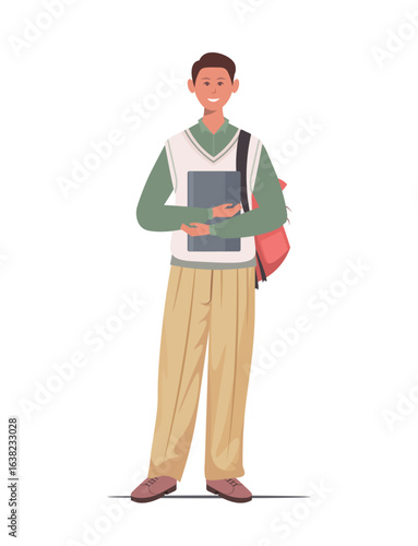  A school child wearing a green shirt under a white vest and beige pleated pants, holding a gray laptop. Character isolated on white background. Vector Not AI generated