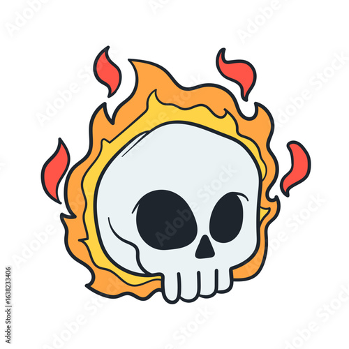 Cartoon skull enveloped in blazing fire, a graphic design element for branding, stickers, or Halloween themed projects with playful spooky vibes.