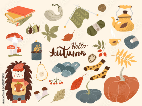 A charming collection of various autumn and harvest-themed elements: pumpkins, leaves, mushrooms, cozy home items like candles and slippers, along with a cute hedgehog character. Perfect for seasonal 