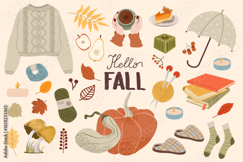 A charming collection of cozy autumn-themed vector elements including a sweater, hot drink, pumpkin, pie, umbrella, books, candles, leaves, mushrooms, and the text "Hello Fall". Perfect for seasonal d
