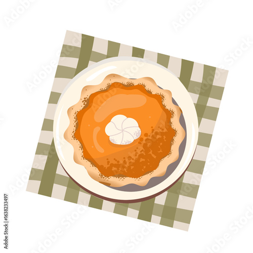 Vector illustration of a freshly baked pumpkin pie on a plate, garnished with a dollop of whipped cream and resting on a checkered cloth. Perfect for Thanksgiving and autumn food themes
