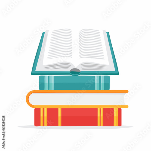 Une pile de livres sur un fond blanc, le livre au dessus de la pile est ouvert