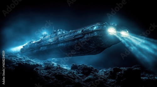Submerged, dark, futuristic ship