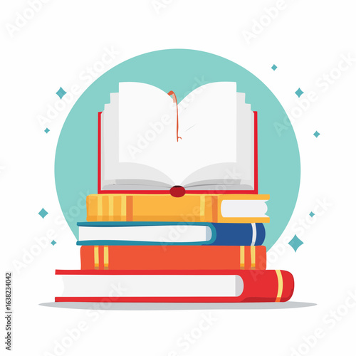 Une pile de livres sur un fond blanc, le livre au dessus de la pile est ouvert