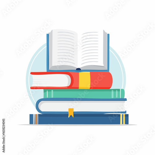Une pile de livres sur un fond blanc, le livre au dessus de la pile est ouvert