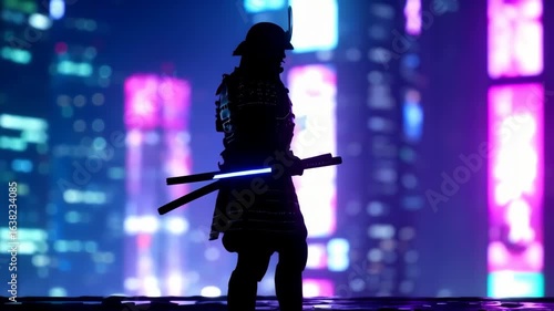 Cyberpunk Samurai Warrior Walks Through Neon City at Night
