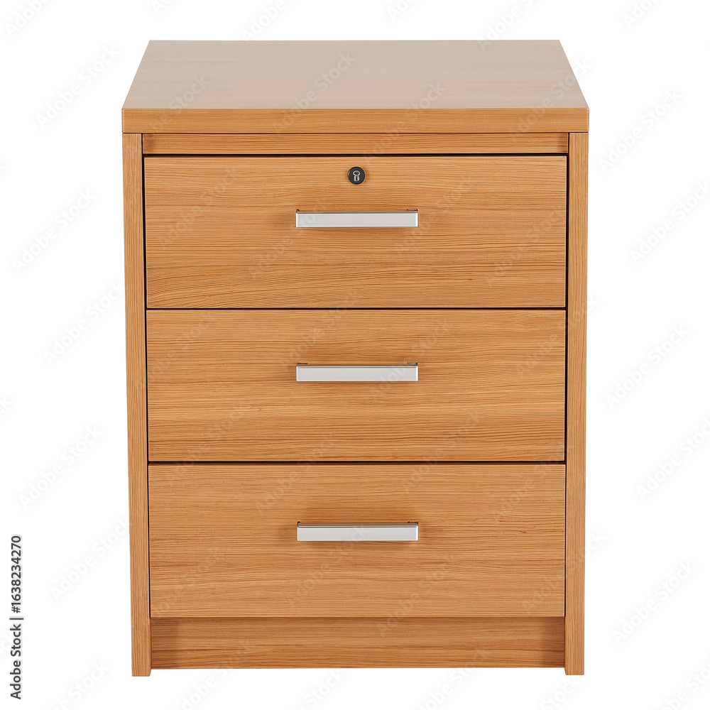 Elegant wooden filing cabinet showcasing three drawers against a stark black background Elegant wooden filing cabinet showcasing three drawers against a stark black background