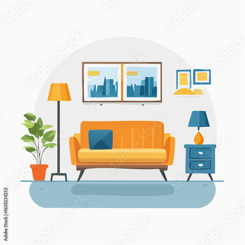 Intérieur appartement salon, vue de face, minimaliste, fond blanc, coloré, moderne