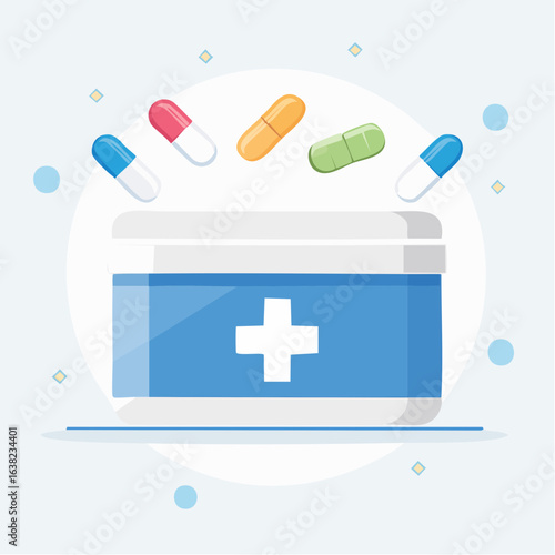 Boîte à pharmacie contenant des pilules, des médicaments, des cachets, santé