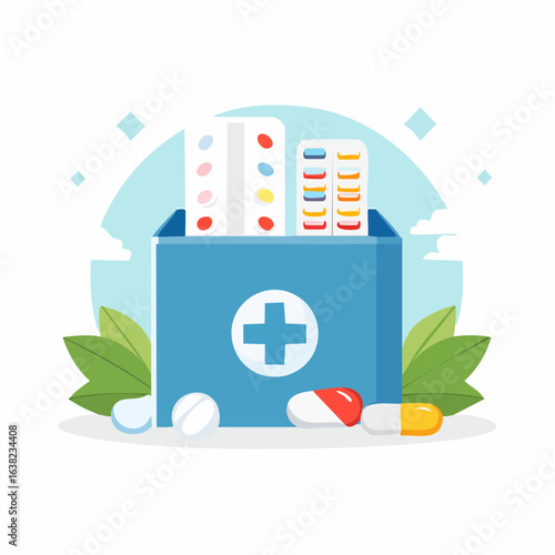 Boîte à pharmacie contenant des pilules, des médicaments, des cachets, santé