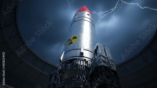 Massive intercontinental ballistic missile with nuclear symbol in a dark, stormy launch silo