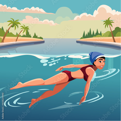 Femme qui nage dans un fleuve, tropical, joli, original