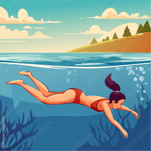Jolie illustration d'une femme qui nage sous l'eau