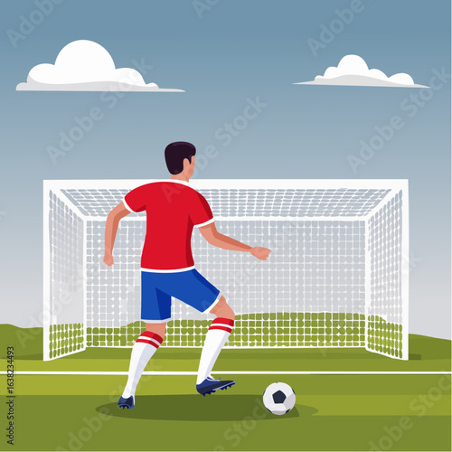 Joueur de football qui arrive face au but près à tirer, vue de dos, coloré, esthétique minimaliste