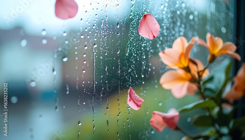 Petals on Rainy Window Glass