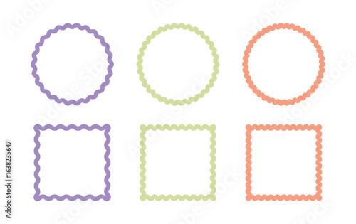 Wavy edges round and square frames set. Geometric shapes with scallop and zigzag edges set.